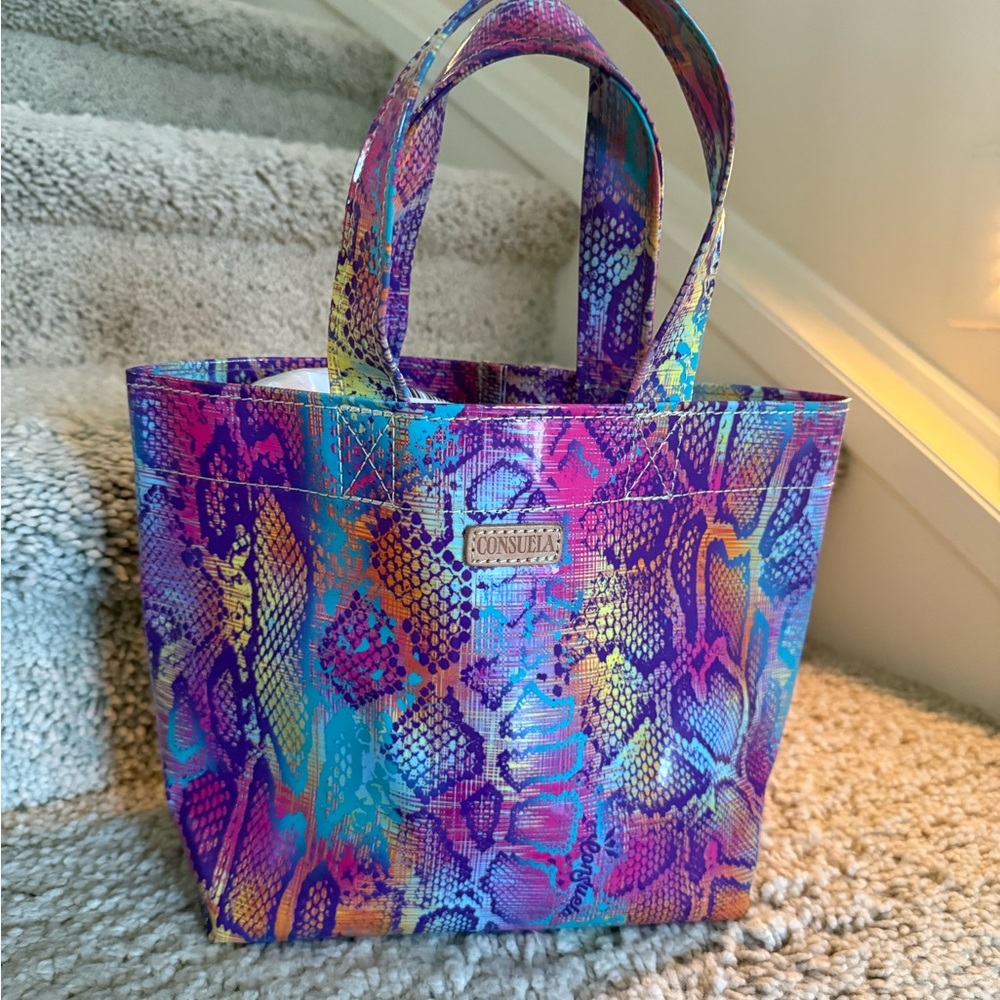 Consuela Multicolor Snake-Print Tote in Purple, Blue, Pink, Yellow